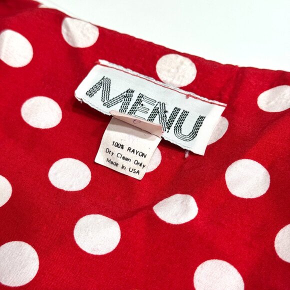 Vtg 80s MENU Polka Dot Peplum Blouse Puff Sleeves Sweetheart Red White Office - Picture 8 of 13
